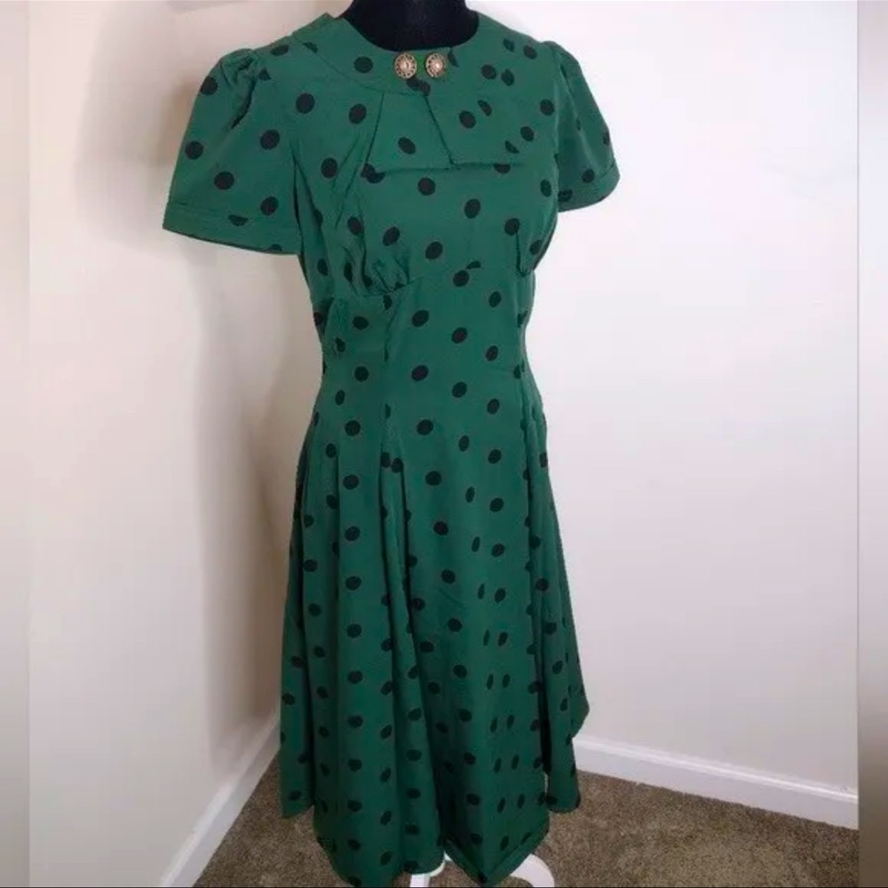 HELL BUNNY VIXEN DRESS GREEN BLACK POLKA DOTS WOMENS LARGE ROCKABILLY